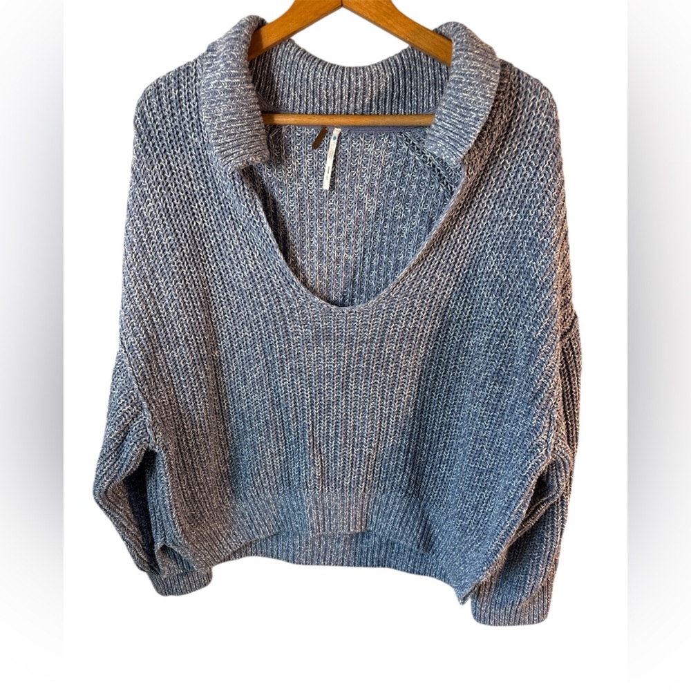 Free People Womens Size Large Love This City Blue Knit Collared Sweater Bohemian